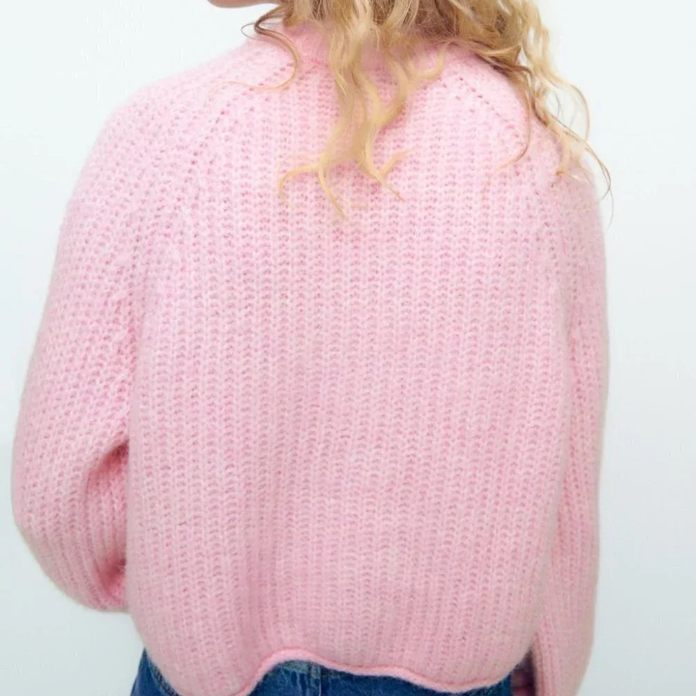 Zara Purl Knit Crop Wool Alpaca Balloon Sleeve Knit Sweater Light Pink Sz Small - Picture 4 of 10